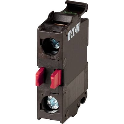 Eaton M22-KC01 kontaktelement med 1 NC kontakt, viser fronten med Eaton logo og røde klemmer.