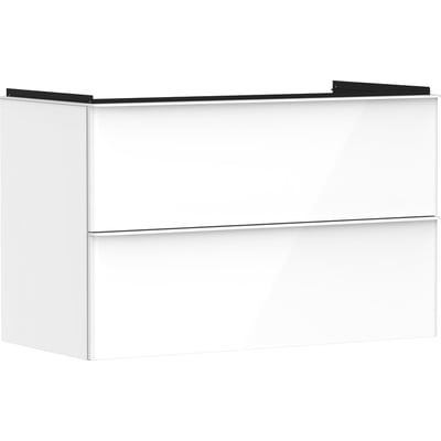 Hansgrohe Xelu Q vaskeskab i hvid højglans, 980x475x605mm, vist fra siden med to skuffer og klar til vægmontering.