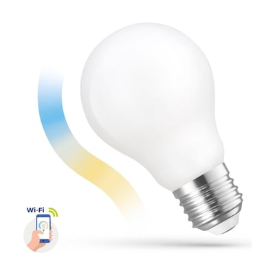 SpectrumLED E27 5W A60 smart LED-pære med hvid kuppel og sølvfarvet fatning; grafikken viser justerbart varmt og koldt lys.
