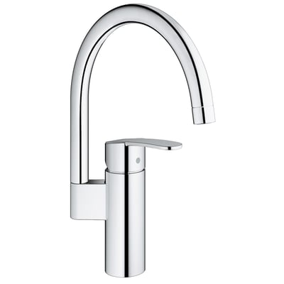 GROHE Wave Cosmopolitan højt køkkenarmatur i krom med 1-grebsbetjening og buet C-tud, set forfra.