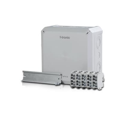 Grå f-tronic forgreningsdåse 180x180x93mm IP66 med DIN-skinne og 5-polet 25mm² klemrække til elinstallationer.