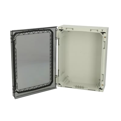 Fibox NEO PC 423215 T kapsling, 420 x 320 x 150 mm, vist åben med transparent dæksel hængslet til siden.