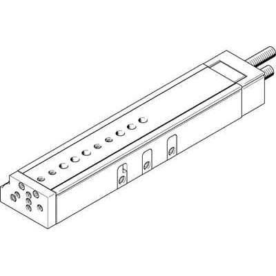 Festo minislæde DGSL-25-200-P1A med 200 mm slaglængde, vist som en teknisk tegning i grå nuancer.