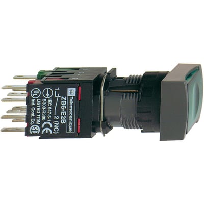 Schneider Electric Harmony Style 6 rektangulær trykknap, Ø16mm, grøn, set fra siden med tydelige tilslutningsterminaler og mærkning.