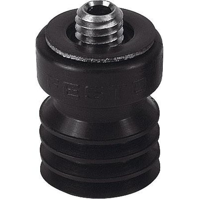Festo vakuumsuger ESS-10-CN med 10mm sugekopdiameter og 3,3mm kompensator i sort gummi med metalgevind på hvid baggrund.