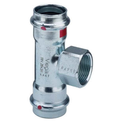 Viega Prestabo T-stykke i forzinket stål med 42 mm presmuffer og 3/4" Rp-gevind, vist isoleret på hvid baggrund.