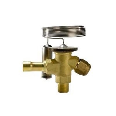Danfoss TN2 termoventil til R134a med flaretilslutninger og oprullet kapillarrør, set forfra.