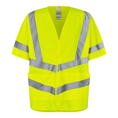 FE Engel advarselsvest 5031 i gul polyester med reflekterende stropper, unisex, str. M/L, vist forfra med lommer.