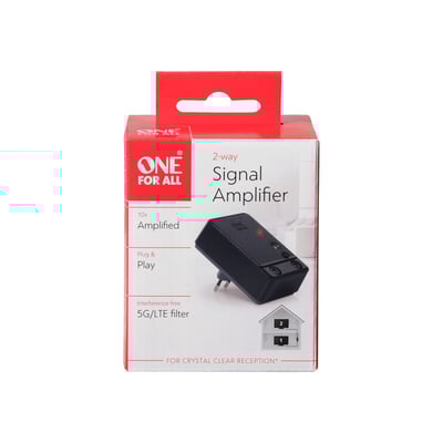 One For All SV 9620 signalforstærker på hvid baggrund, med teksten '2-way Signal Amplifier' og '5G/LTE filter'.