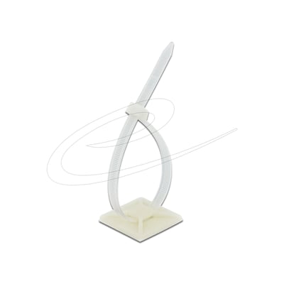DeLock kabelbinderholder på 40 x 40 mm med hvid kabelbinder, vist samlet med binderen trukket gennem holderen.