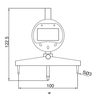 Teknisk tegning af Diesella digital radiusmåler, viser dimensioner og opbygning med målebro og digital display.