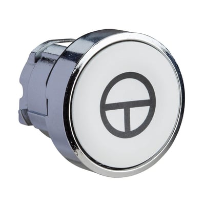 Schneider Electric plan trykknap i hvid med sort 'T' symbol, Harmony XB4 serien, med metalfatning.