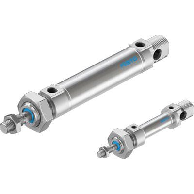 Festo solenoid valve CPE14-M1BH-5LS-1/8 fremstår i to forskellige størrelser på hvid baggrund, en lang og en kort variant, begge af metal.