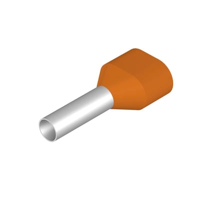 Et enkelt orange Weidmüller twin terminalrør 2x4,0 mm² med isolerende plastkrave, set fra siden på hvid baggrund.