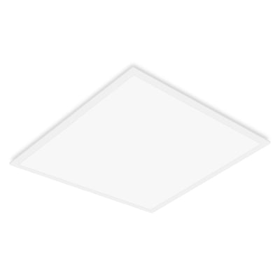Hvidt, kvadratisk LEDVANCE Compact LED-panel til indbygning, 600 x 600 mm, 30 W og 3640 lm, set skråt forfra.