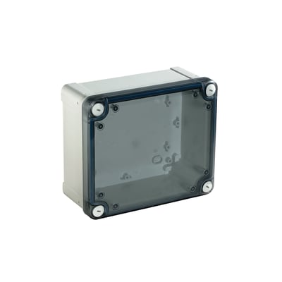 Schneider Electric Thalassa TBP industriel kasse i polycarbonat, 325x275x120mm, med et transparent låg og synlige monteringspunkter i hjørnerne.