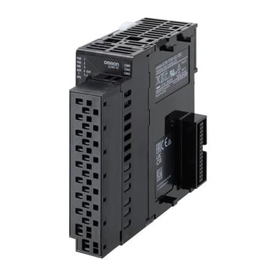 Omron CelciuX® indbygget temperaturregulator basisenhed med 4 løkker og DIN-skinnemontering, vist fra siden med skrueløse klemmeterminaler.