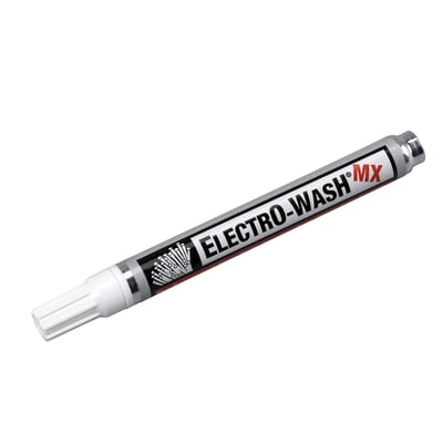 Rensepenen Electro-Wash MX er sølvfarvet med et hvidt spids og sort skrift med rød MX-logo.