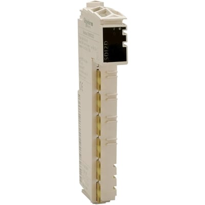 Schneider Electric Modicon TM5 digitalt output modul med 16DO, 24V DC, vist fra siden mod en hvid baggrund.