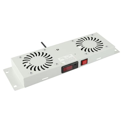 Hvidt Lanview RAF205WH ventilatormodul med to ventilatorer, digital termostatstyring og rødt display set skråt ovenfra.