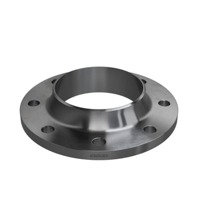 Karakteristisk vinkelbillede af Indura svejseflange med 8 bolthuller, PN6, 240 mm diameter og 200 mm boltcirkeldiameter i hvid studiebaggrund.