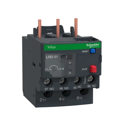 Schneider Electric TeSys D termorelæ LRD01 med indstillingsområde 0,1-0,16A, viser reset og stop knapper.