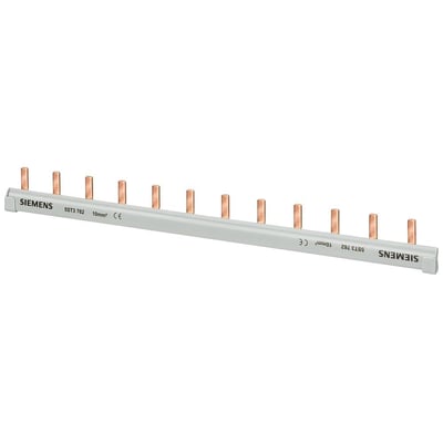 Siemens 1-faset PIN samleskinne 5ST3 762 med 12 ben, 10mm² tværsnit og grå isolering på hvid baggrund.