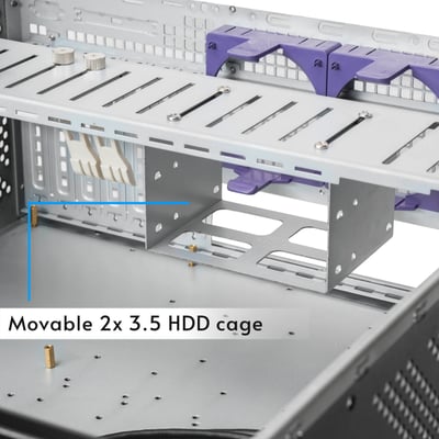 Flytbar harddiskholder i Chieftec 19-tommers 4U IPC-kabinet i sort med E-ATX-understøttelse.