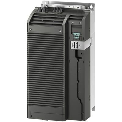 Siemens Sinamics G120 power modul PM240-2 med filter og bremsemodstand, vist fra siden med tilslutningsporte og køleribber.