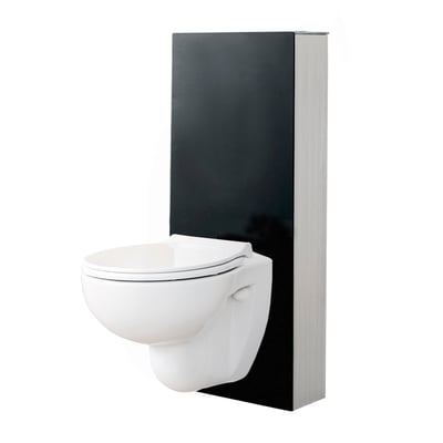 Svedbergs WC-fixtur i sort glasbox med hvidt toilet monteret, set skråt forfra med den smalle side synlig.