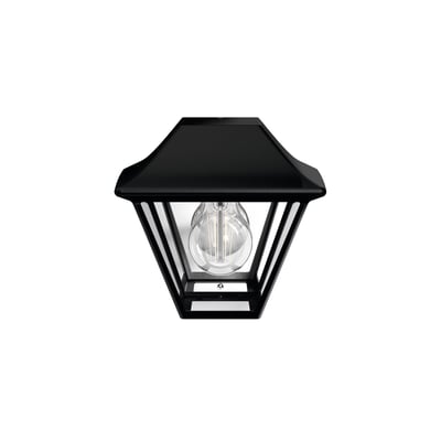 Frontbillede af Philips Lighting Alpenglow væglampe i sort med synlig E27 lyskilde og sort aluminiumsramme isoleret på hvid baggrund.