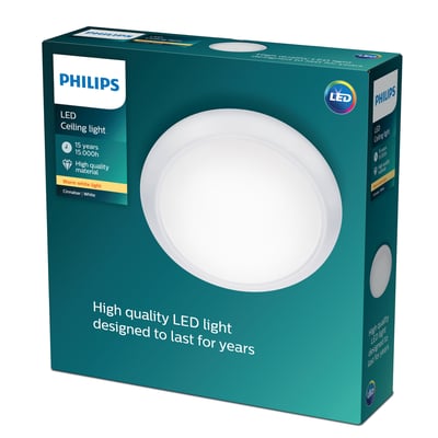 Philips Cinnabar LED loftlampe i hvid plast, 20W med varmt hvidt lys, 2700K, fremstår i dens emballage.