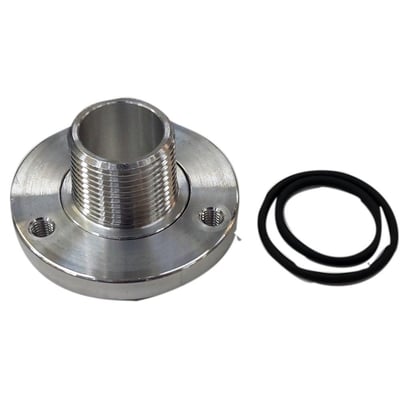 OM0-CBB-adapter til Traxoil-olieniveauregulator med 1-1/8-18 UNEF-gevind, rund flange og sort tætningsring ved siden af.