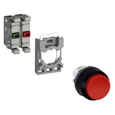 ABB MP1-40R-11 trykknap komponenter: en grå monteringsramme, en rød trykknap og en grå kontaktblok med røde og grønne knapper.