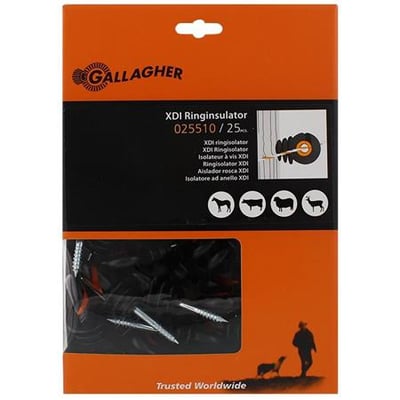Gallagher ringisolator med skrue i sort, 25 stk. Pakken viser produktets logo og illustration af anvendelse med husdyr.