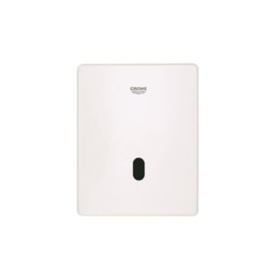 Frontvisning af Grohe Tectron Skate urinal armatur i hvid, fremhæver den sorte infrarøde sensor.