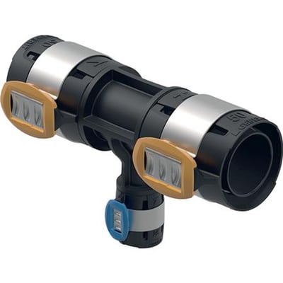 Geberit FlowFit T-stykke i sort PPSU, der viser de sorte rørstykker med detaljer som clips og dimensioner.