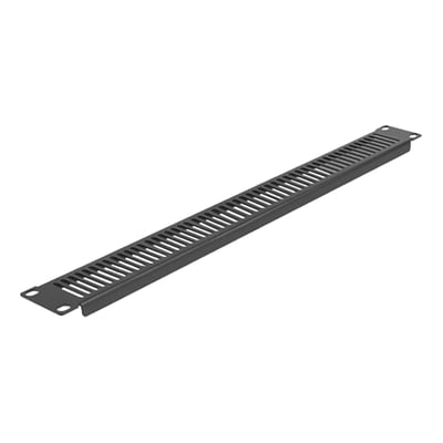 DeLock 19" netværkskabinet panel i sort metal med vertikale ventilationsåbninger, 1U høj.