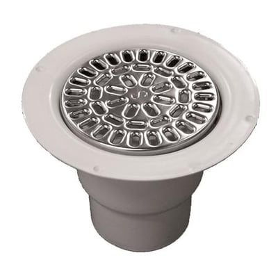 Purus Brage gulvafløb til vinylgulv med rustfri stålrrist og hvid plastikkrop, 110 mm lodret udløb.