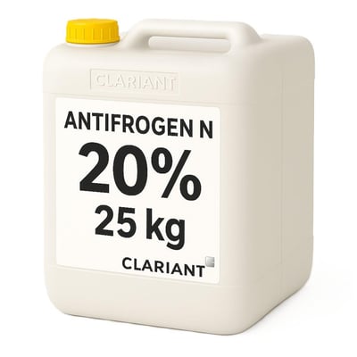 Hvid dunk med gult låg med Antifrogen N glykolvæske fra Clariant, mærket 20 % og 25 kg.