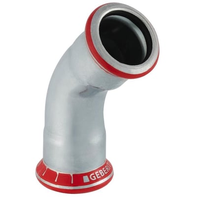 Detalje af Geberit Mapress 88 mm bøjning med 45 graders vinkel, viser muffe tilslutninger med rød kant og tydelig Geberit logo på sølvfarvet stål.