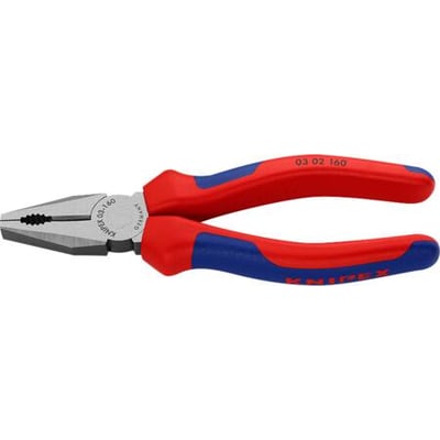 Knipex kombinationstang 160 mm, 03 02 160, med røde og blå flerkomponentgreb og poleret hoved.