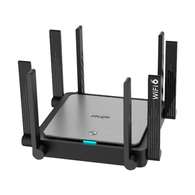 Reyee Gigabit Mesh WiFi6 router (AX3200) i sort med fire antenner, vist skråt forfra med et blåt lys i fronten.