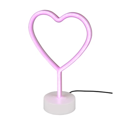 Trio Lighting Heart LED bordlampe i hvid plast, isoleret på hvid baggrund med lysende lyserød neon hjerteform.
