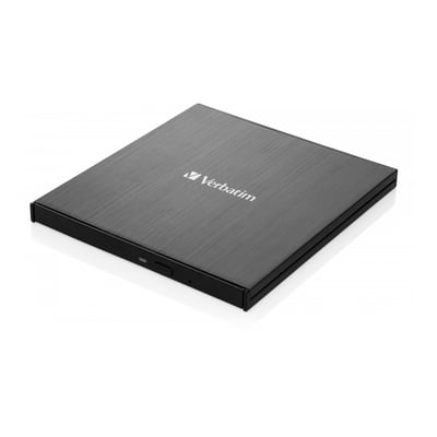 Sort Verbatim Slimline Blu-ray-brænder med børstet overflade, USB-C og Ultra HD 4K-afspilning.