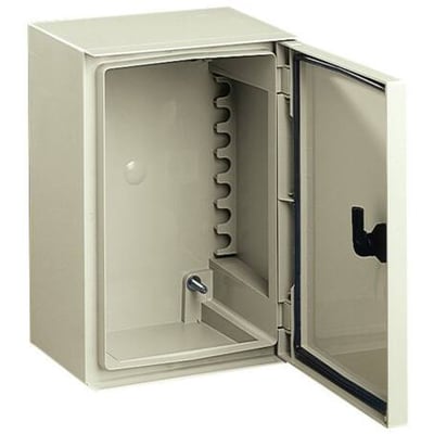 Schneider Electric vægskab 7035 med åben dør, viser interiøret med monteringsskinne og metal bundplade, 310x215x160mm.