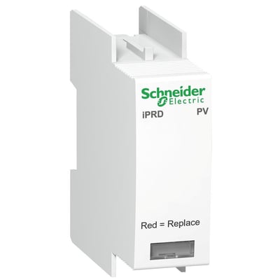 Schneider Electric overspændingsafleder iPRD C40 1000V PV med hvidt hus og grøn logo.