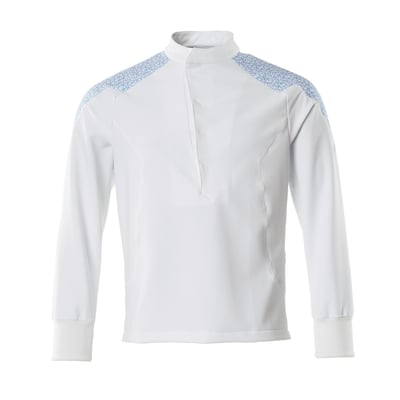 Mascot Busseronne 20052 Food&Care i hvid og blå, str. S, med tryk på skuldrene og rib ved håndleddene.