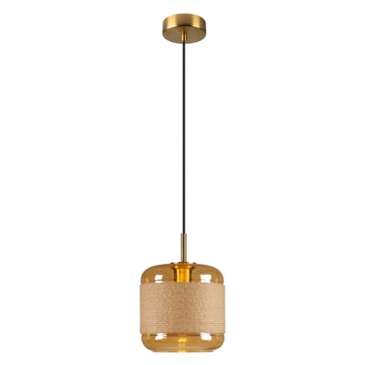 SLV Pantilo Rope 20 pendel i guld og ravfarvet glas med flettet tekstildetalje, vist med sort stofledning og guldbelagt baldakin på hvid baggrund.