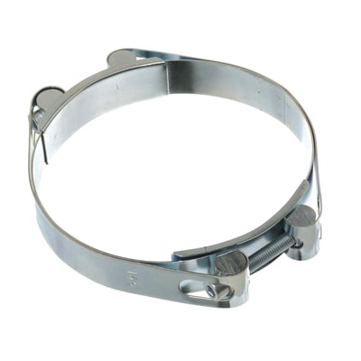 MichLar galvaniseret power clamp til rør og slanger, 70-80 mm, med dobbelt bolt og 25 mm båndbredde på hvid baggrund.